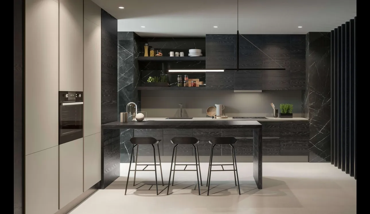 Cucina Design 01 con penisola  in legno di Rovere nero e vetro marmo Nero Marquinia di Garofoli