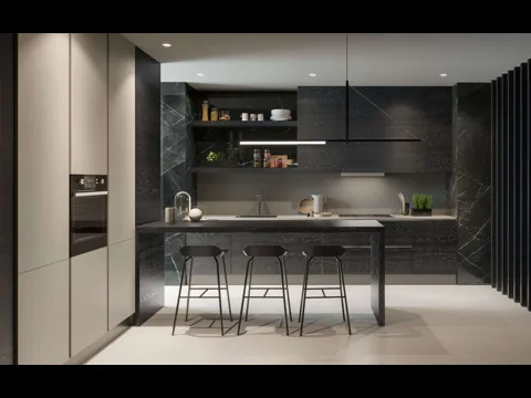 Cucina Design 01 con penisola  in legno di Rovere nero e vetro marmo Nero Marquinia di Garofoli