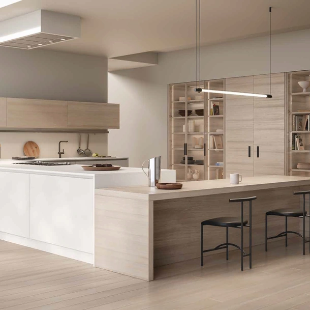 Cucina Design 02 con penisola in laccato e rovere ice di Garofoli