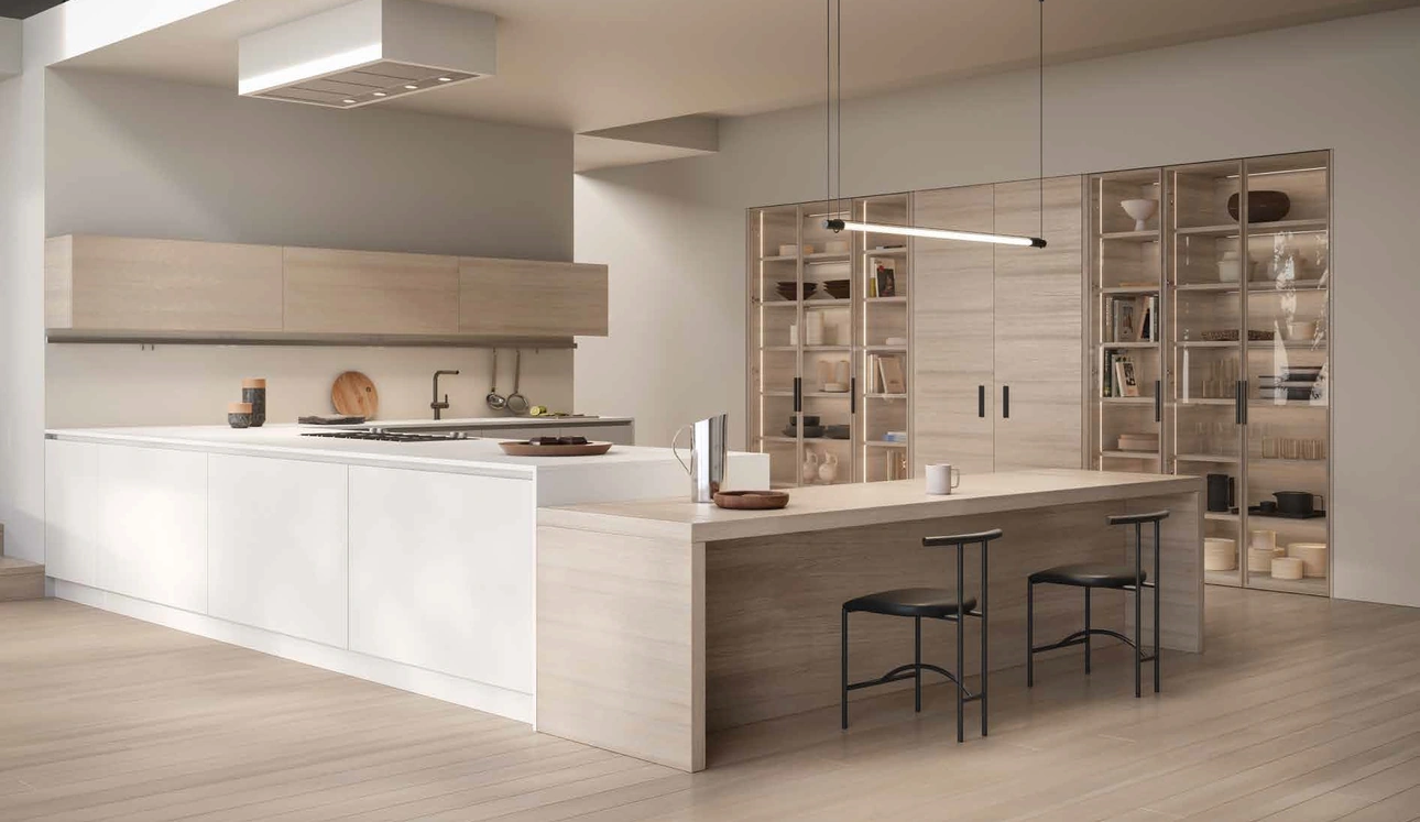 Cucina Design 02 con penisola in laccato e rovere ice di Garofoli