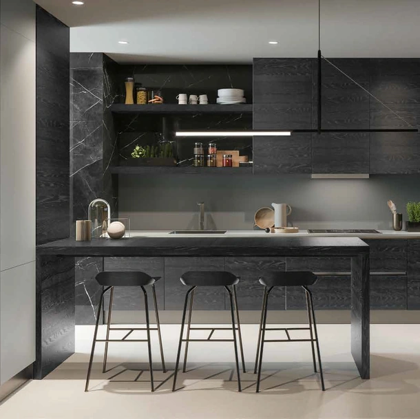 Cucina Design 04 in rovere nero e laccato con penisola di Garofoli