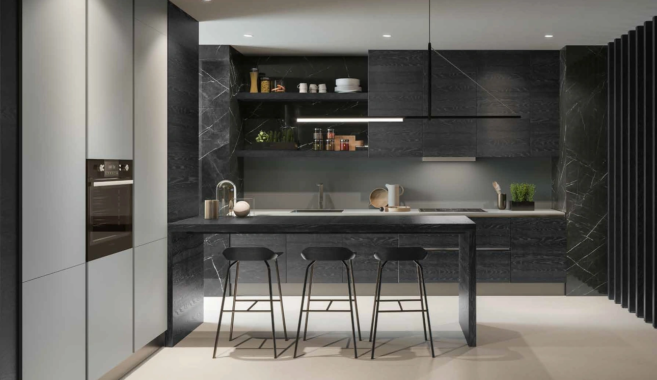 Cucina Design 04 in rovere nero e laccato con penisola di Garofoli