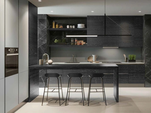 Cucina Design 04 in rovere nero e laccato con penisola di Garofoli