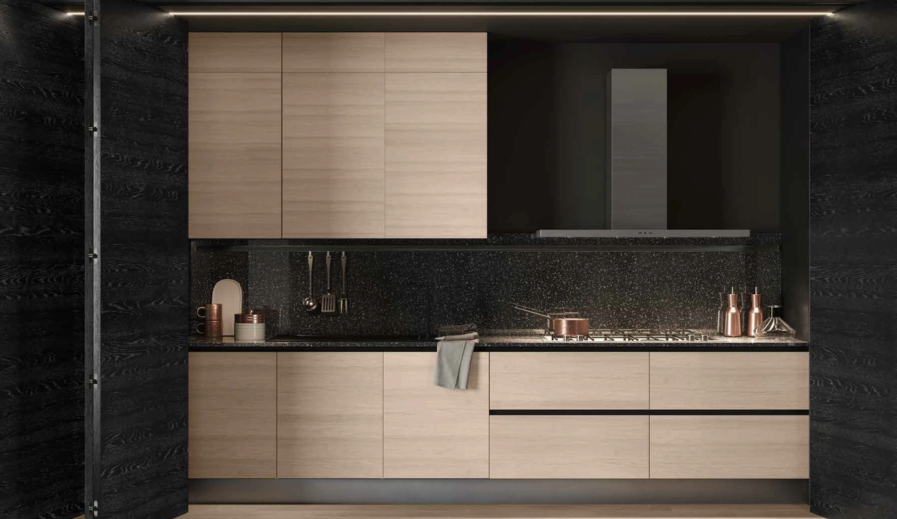 Cucina Design 05 a scomparsa in rovere ice e rovere nero di Garofoli