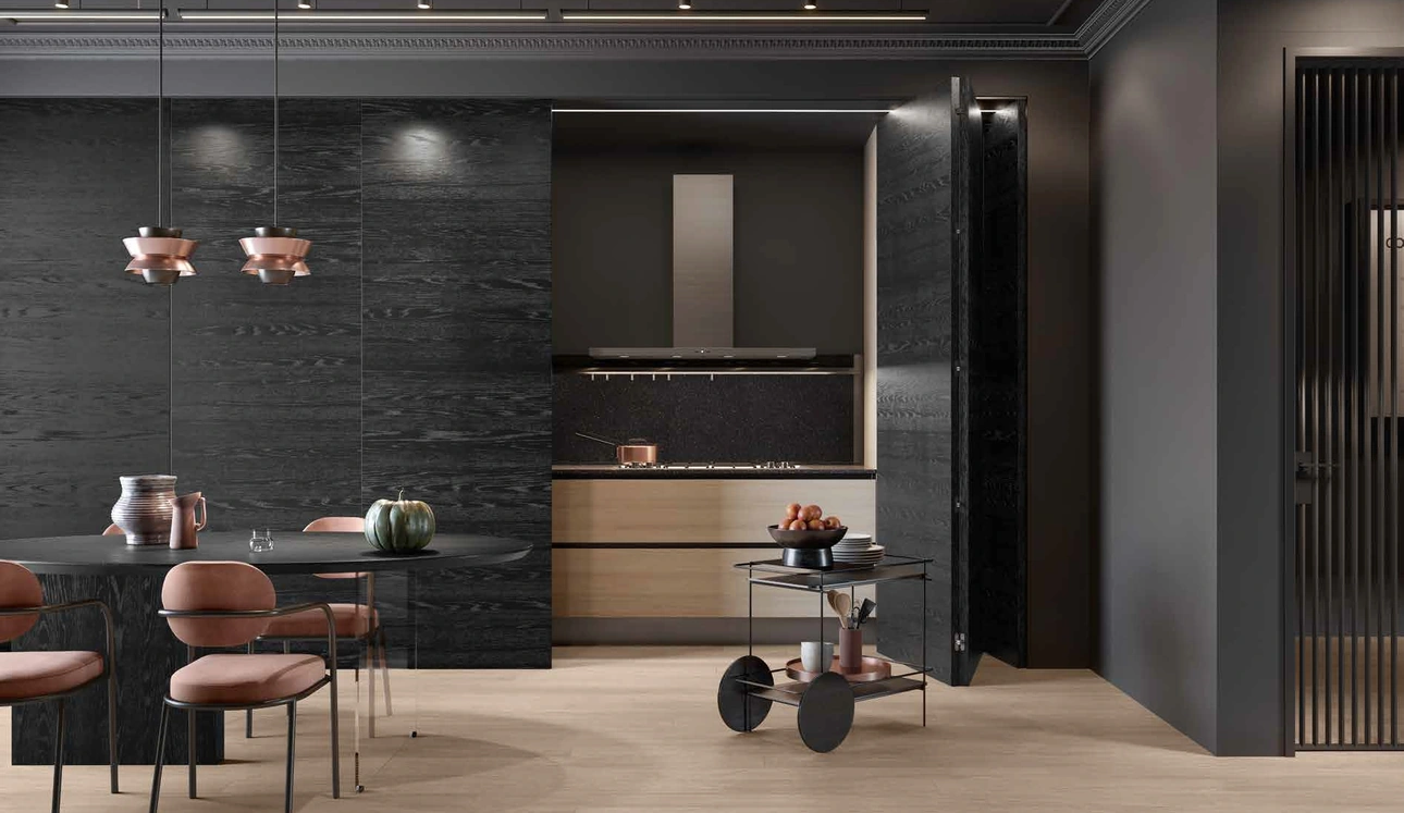 Cucina Design 05 a scomparsa in rovere ice e rovere nero di Garofoli