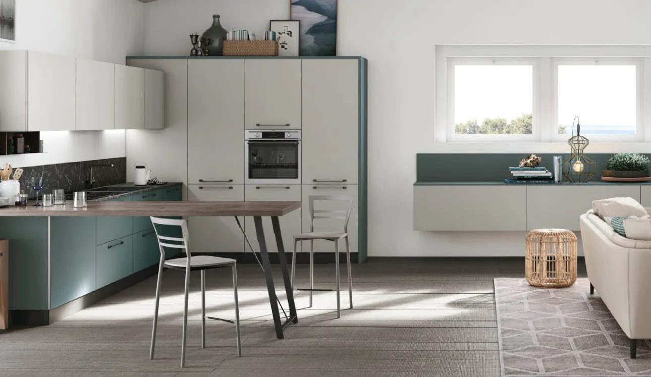 Cucina Moderna angolare con penisola Alevé v04 in laccato UV Verde Malga opaco e UV Grigio Seta opaco con top penisola in Larice Grafite di Stosa