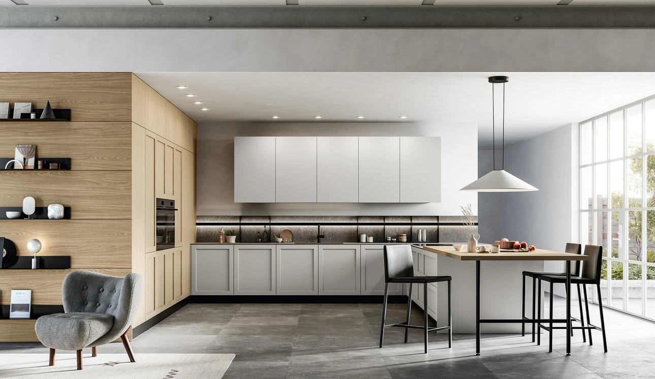 Cucina Moderna con penisola Alma 01 in pet e laminato di Arredo3