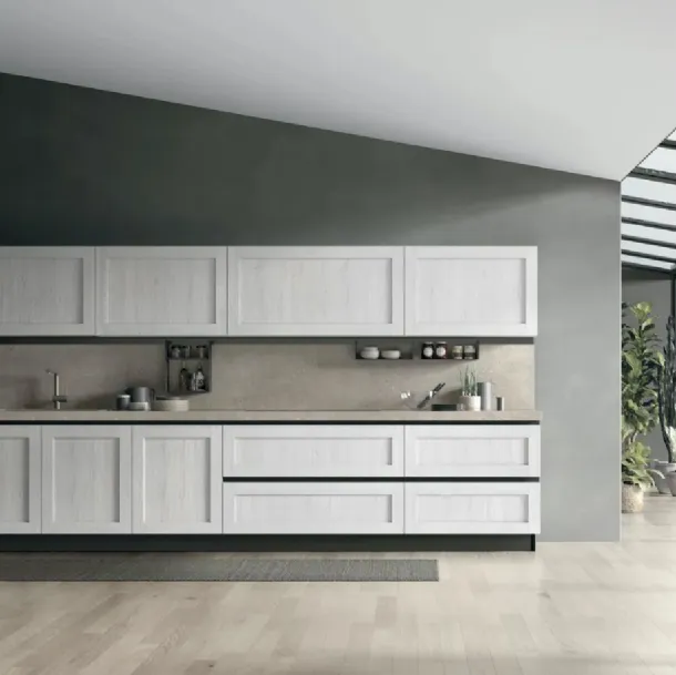 Cucina Moderna ad angolo City v06 in Termo Strutturato Rovere Bianco e Pet Nero opaco di Stosa