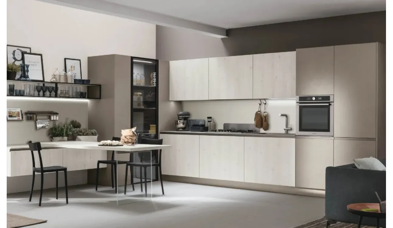 Cucina Moderna con penisola Infinity v12 in Termo Strutturato Larice Bianco e Cemento Visone di Stosa