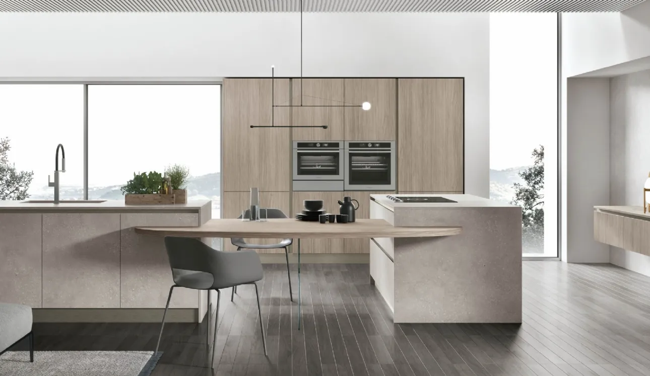 Cucina Moderna con isola Infinity v09 in Graniglia Fiume e Rovere Sesamo di Stosa