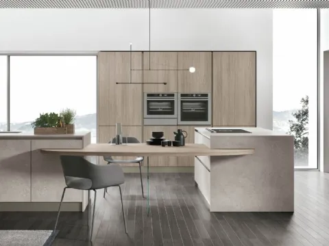 Cucina Moderna con isola Infinity v09 in Graniglia Fiume e Rovere Sesamo di Stosa