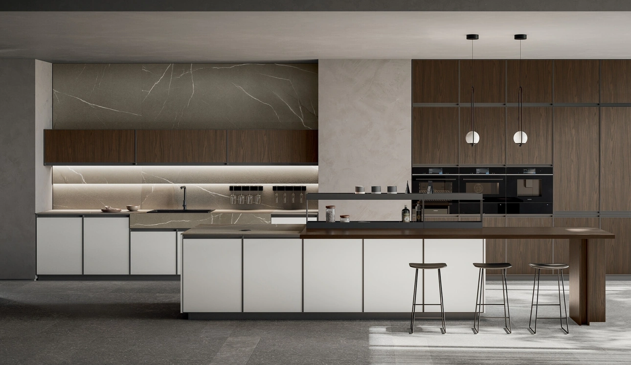 Cucina Moderna con isola Kronos 02 in pet bianco e laminato noce di Arredo3