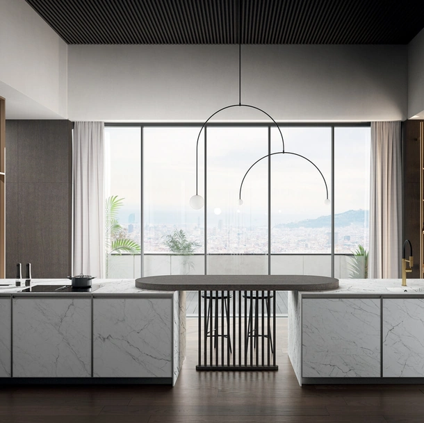 Cucina Moderna in laminam statuarietto con penisola Kronos di Arredo3
