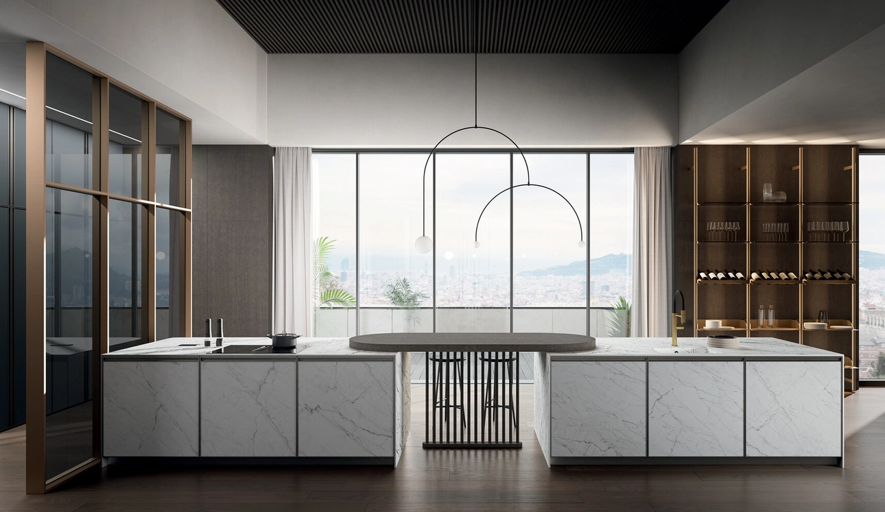 Cucina Moderna in laminam statuarietto con penisola Kronos di Arredo3