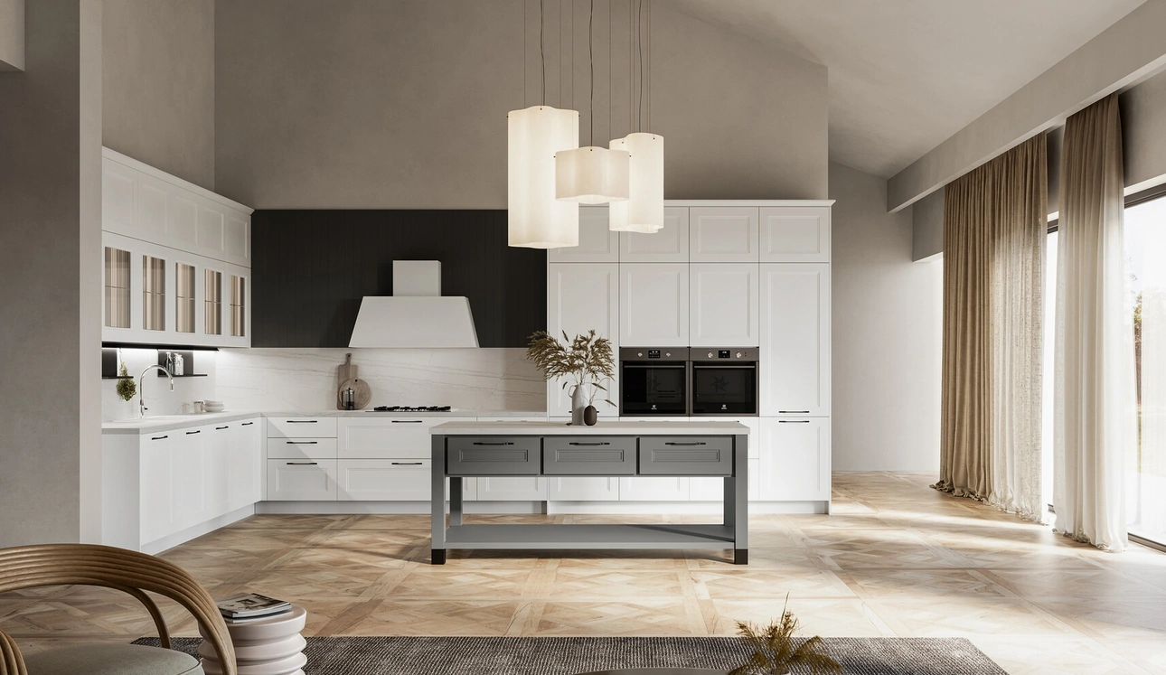 Cucina Moderna angolare Meg 03 in polimerico bianco e laccato fossile di Arredo3