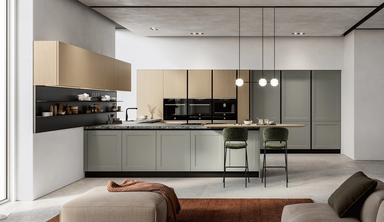 Cucina Moderna in laccato e impiallacciato con penisola Meg di Arredo3