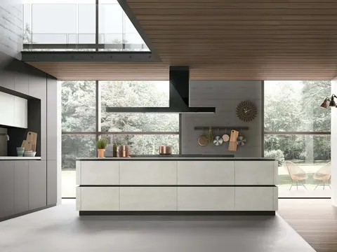 Cucina Moderna con isola Metropolis 10 in pet e materico Cemento Bianco di Stosa