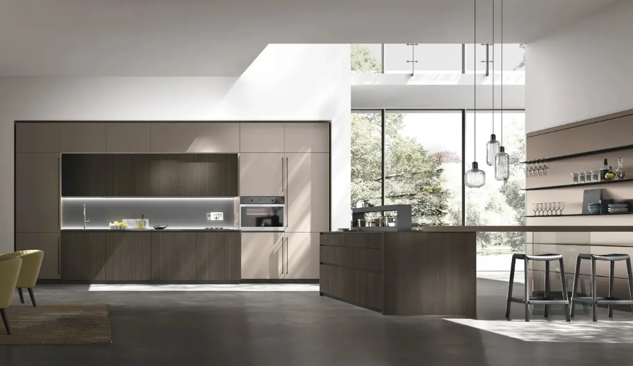 Cucina Moderna con isola Metropolis v01 in Termo Strutturato Rovere Conero Riga e Pet Metal Acciaio di Stosa