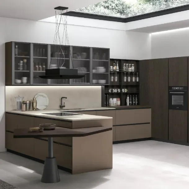 Cucina Moderna con penisola Metropolis v09 in Pet Caffè opaco e Rovere Conero di Stosa