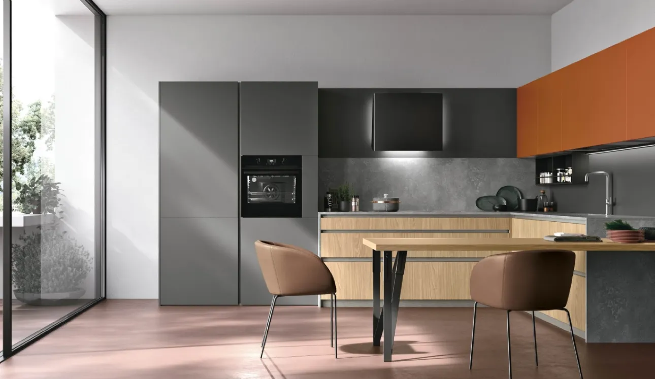 Cucina Moderna angolare con penisola Metropolis v13 in Termo Strutturato Rovere Sole, Pet Canna di Fucile opaco e laccato Lavaredo di Stosa