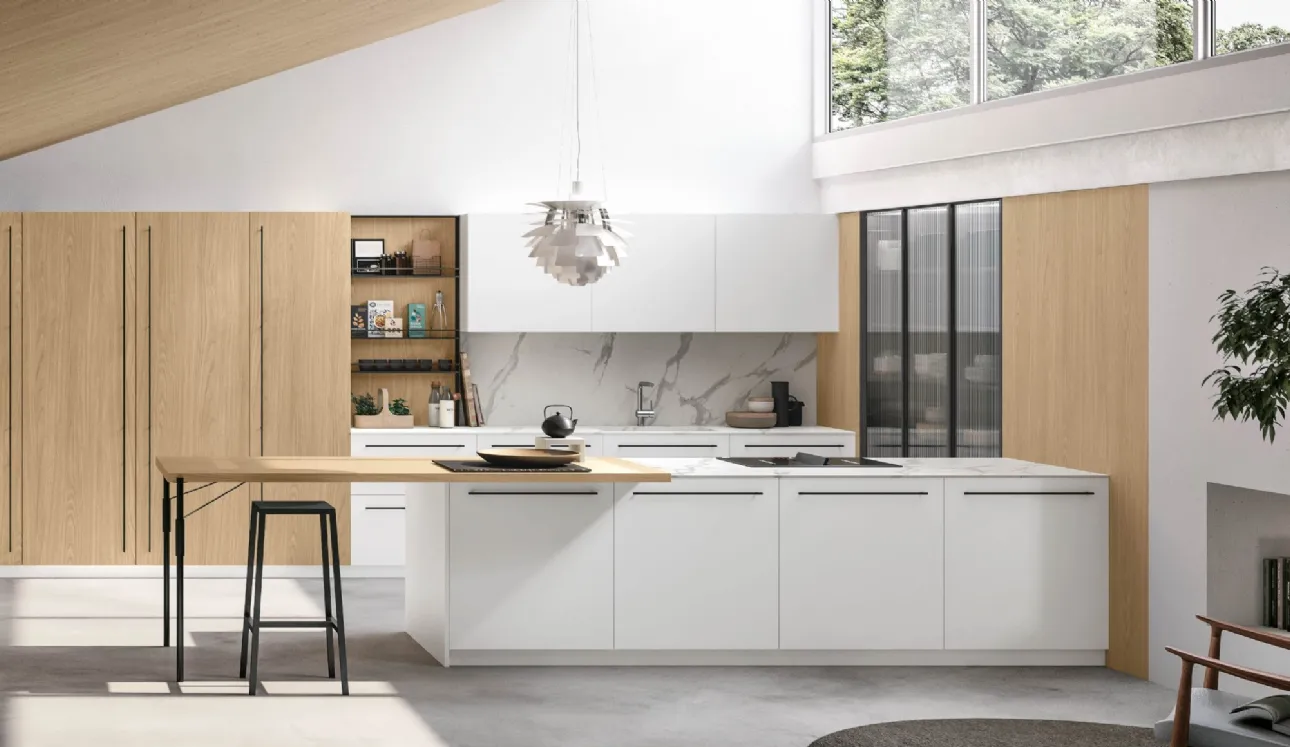 Cucina Moderna Metropolis v05 in Pet Bianco e Rovere Sole con top in HPL Calacatta di Stosa