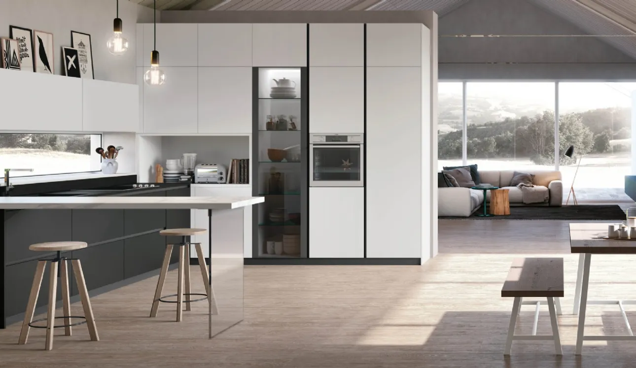 Cucina Moderna ad angolo in Pet Nero e Bianco opaco, top in Fenix Nero e top penisola in laminato Calacatta Metropolis v07 di Stosa