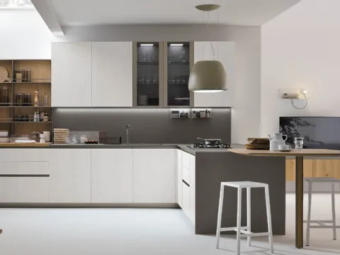 Cucina Moderna con penisola Natural v12 in Rovere Bianco e Rovere Miele di Stosa