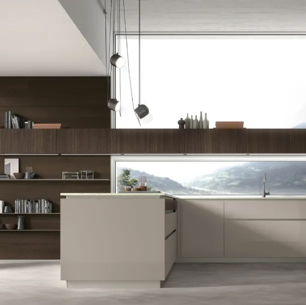 Cucina Moderna con penisola Natural v02 in laccato lucido e Rovere termocotto di Stosa