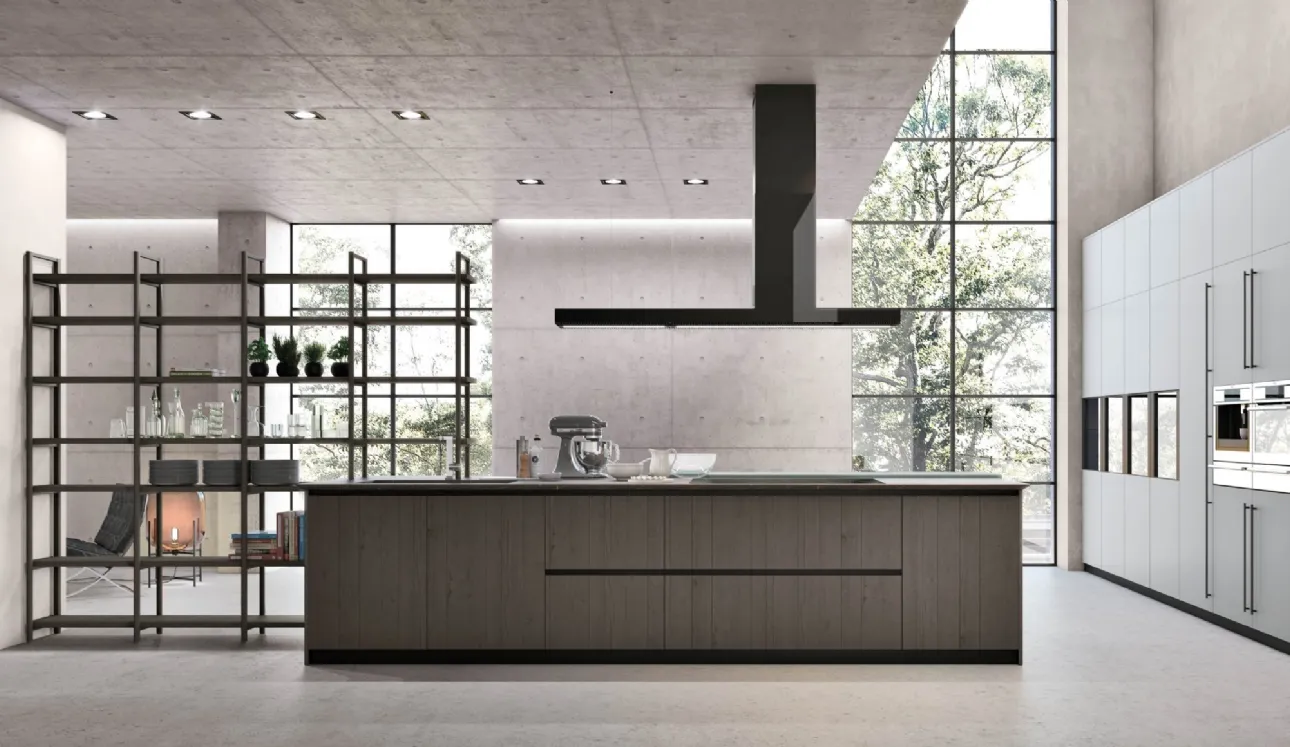 Cucina Moderna con isola Natural v07 in Rovere Dark e laccato opaco di Stosa