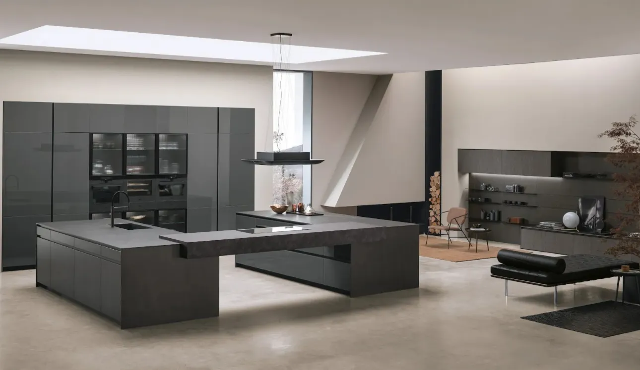 Cucina Moderna con doppia isola Aliant v01 in vetro lucido Lava e Neolith Basalt Black Satin con top in HPL Ossido di Stosa