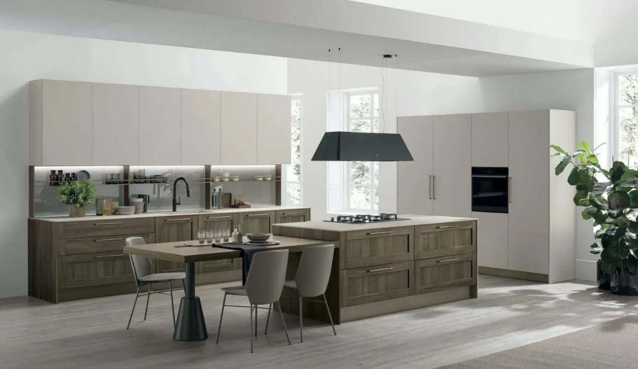 Cucina Moderna con isola City v01 in Termo Strutturato Rovere Liquirizia e Pet Beige Seta di Stosa