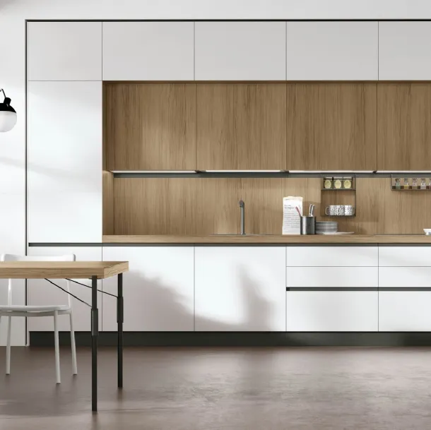 Cucina Moderna con penisola Infinity v10 in Pet Nebbia opaco e Rovere Anice di Stosa