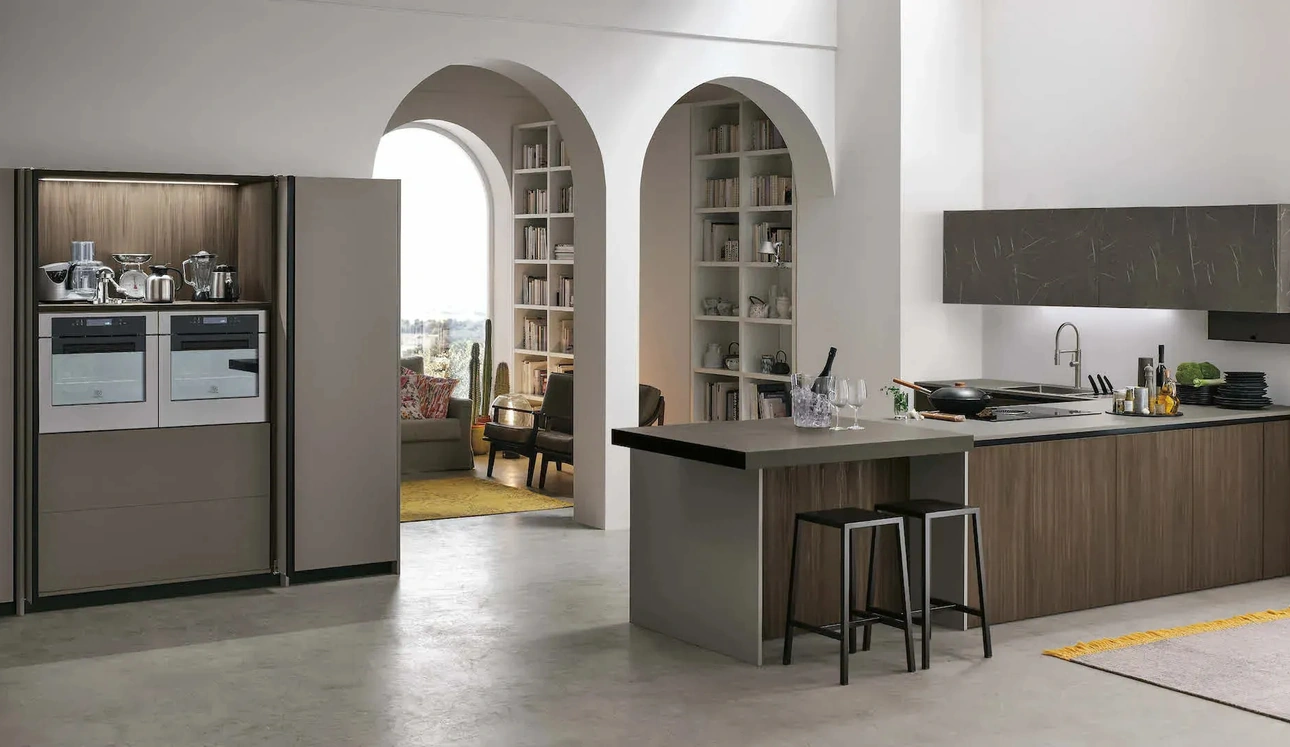 Cucina Moderna con penisola Metropolis 04 in Larice Brown e Pet di Stosa
