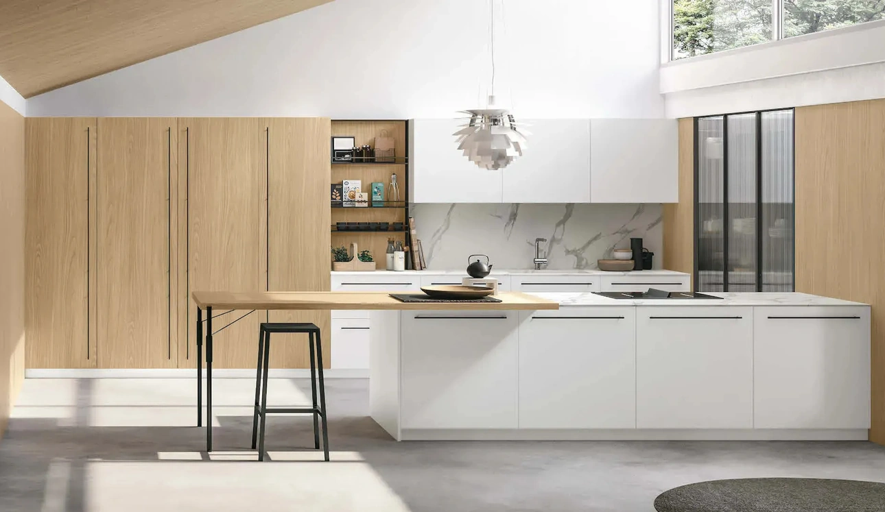 Cucina Moderna con penisola Metropolis 06 in Pet Bianco e Rovere Sole di Stosa