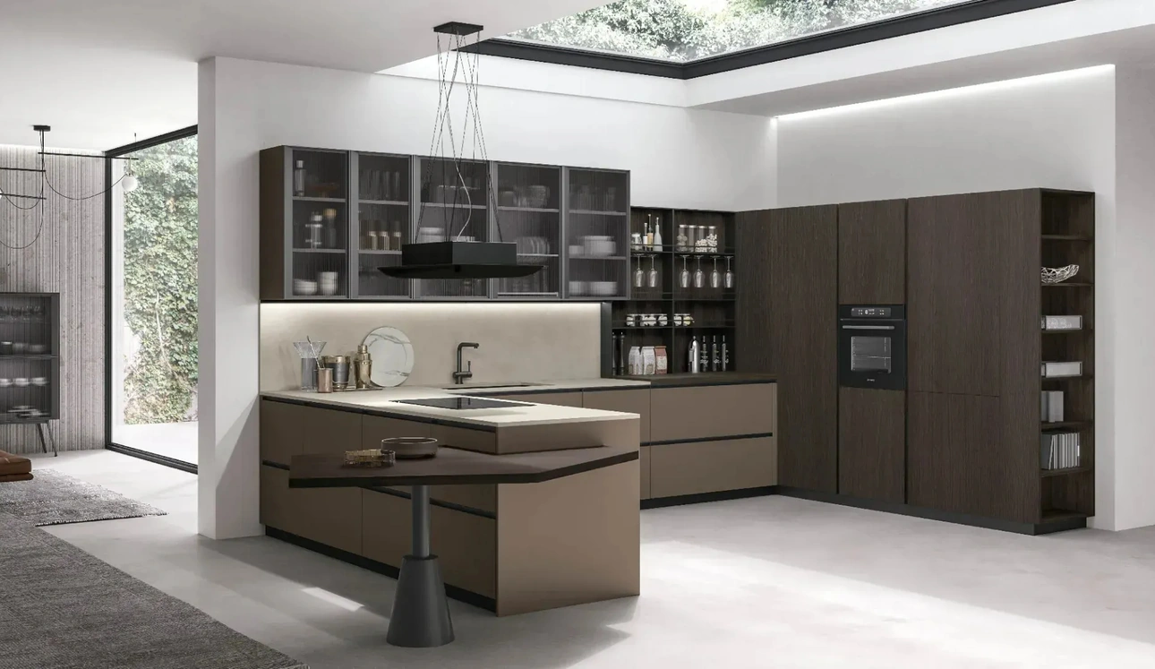 Cucina Moderna con penisola Metropolis 10 in Pet Caffè e Rovere Conero di Stosa