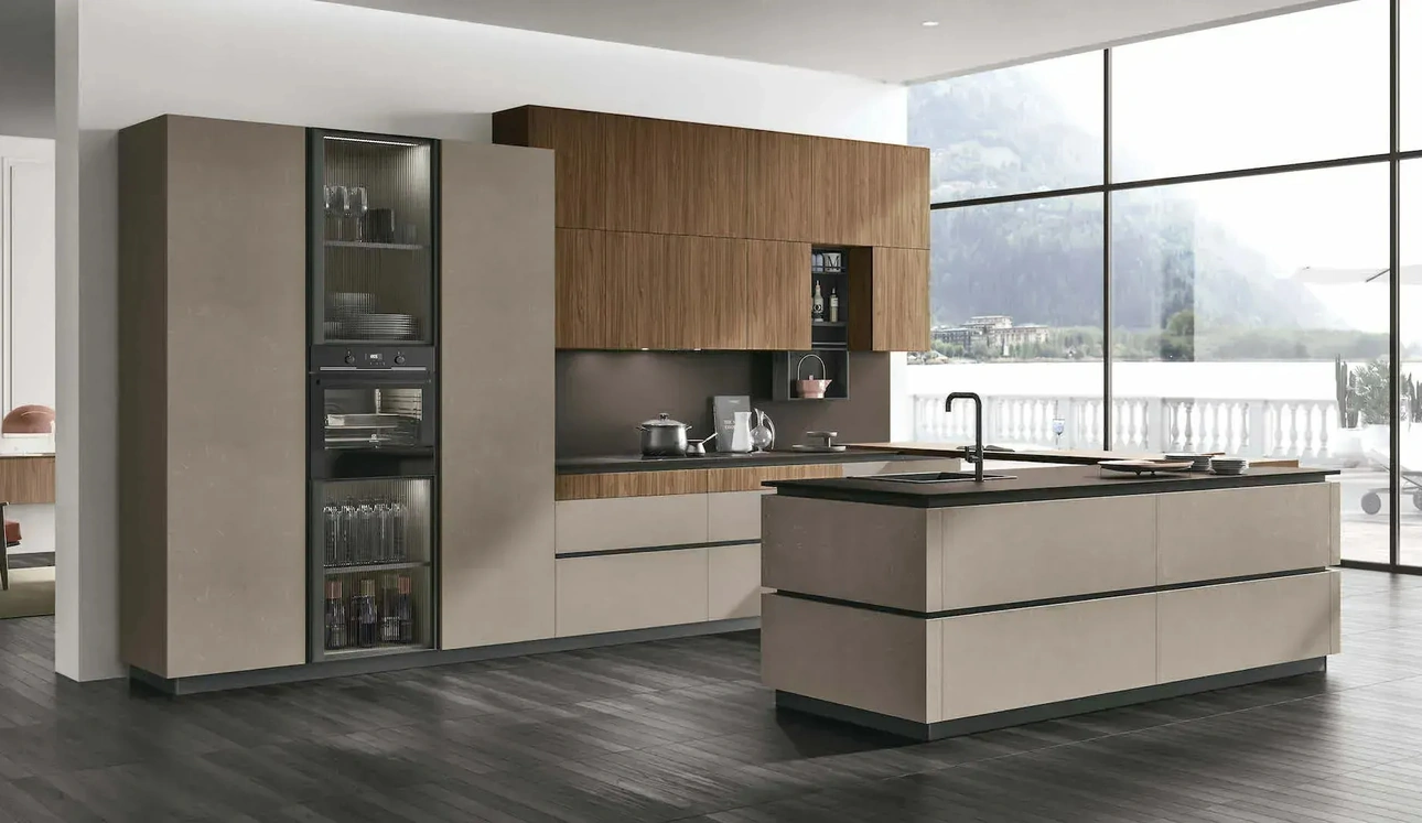 Cucina Moderna con penisola Metropolis 12 in materico Cemento Visone e Noce Eucalipto di Stosa
