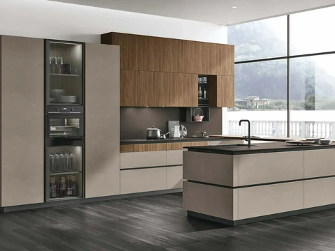Cucina Moderna con penisola Metropolis 12 in materico Cemento Visone e Noce Eucalipto di Stosa
