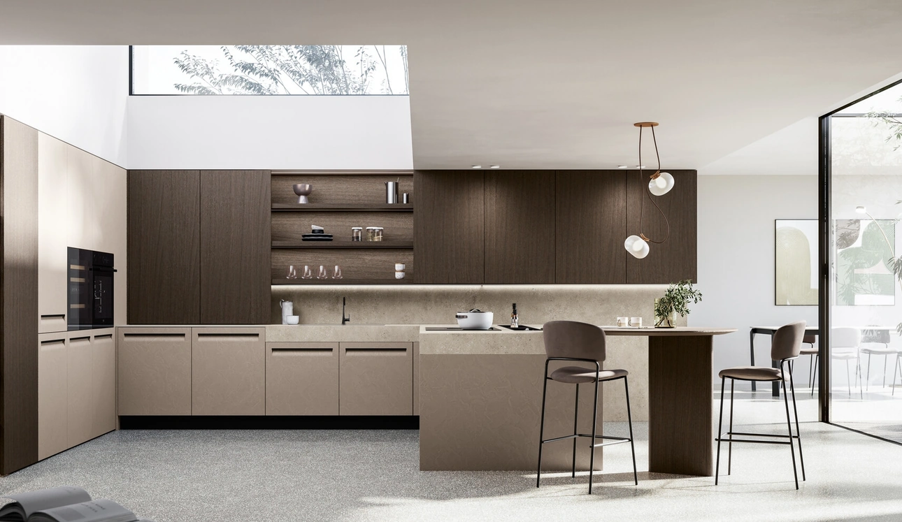 Cucina Moderna in Pet e Impiallacciato noce con penisola Tekna di Arredo3