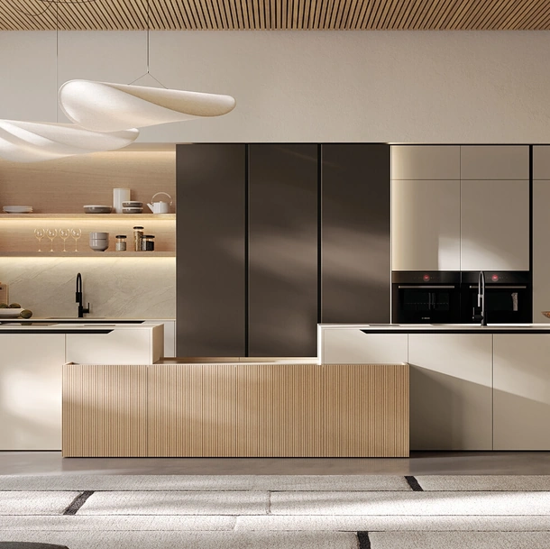 Cucina Moderna in laccato e impiallacciato con isola Time di Arredo3