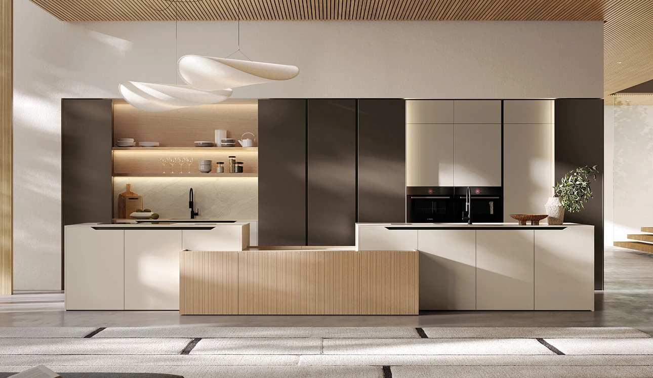 Cucina Moderna in laccato e impiallacciato con isola Time di Arredo3