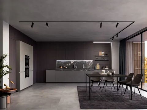 Cucina Moderna lineare in laminato Resina Cromo e impiallacciato Coke con top in ceramica effetto Marmo Nero rigato Wega di Arredo3