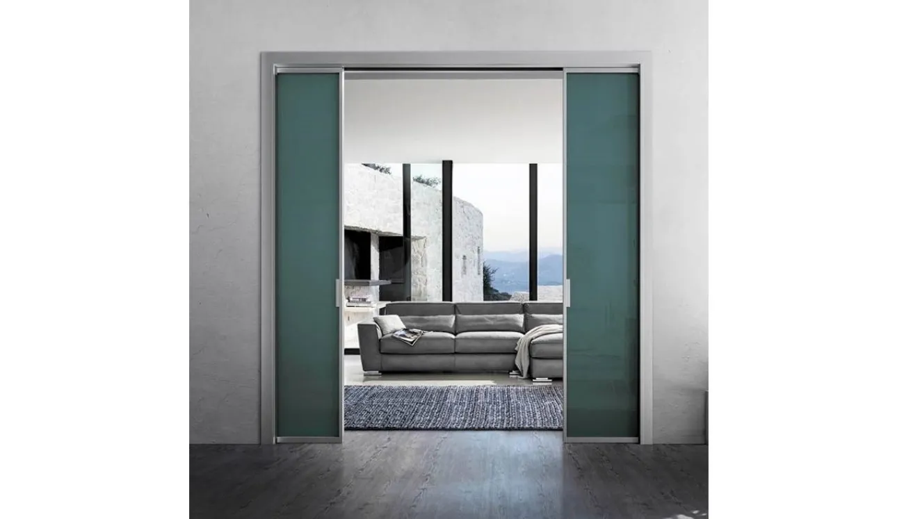 Porta per interni scorrevol in vetro colorato con telaio in alluminio Zeus a Scomparsa di Doal